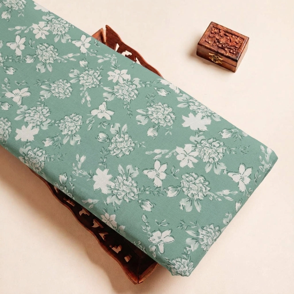 Folded Green Floral Cotton Fabric Highlighting and Texture