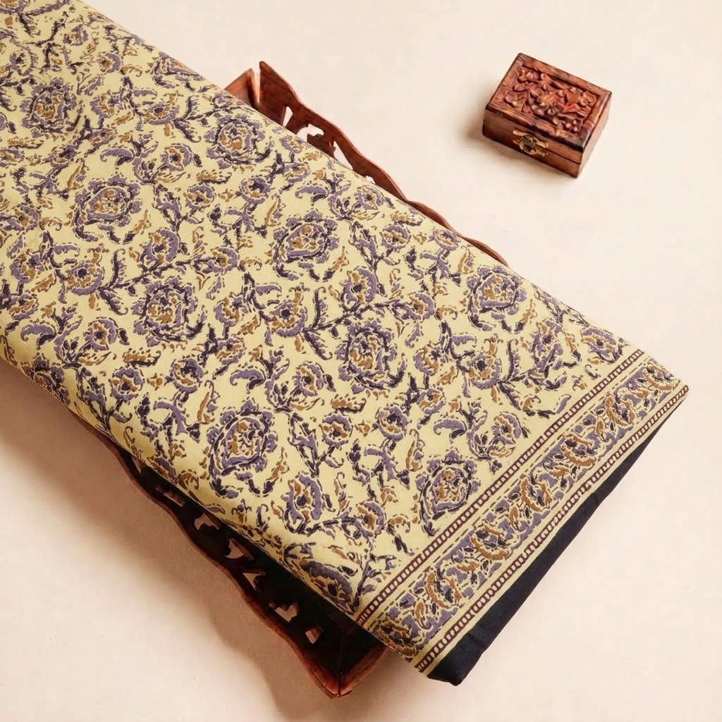 Folded Yellow Floral Cotton Fabric Highlighting Border and Texture