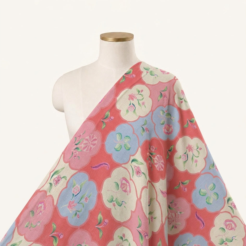 Floral Pink Floral Satin Fabric Draped as a saree
