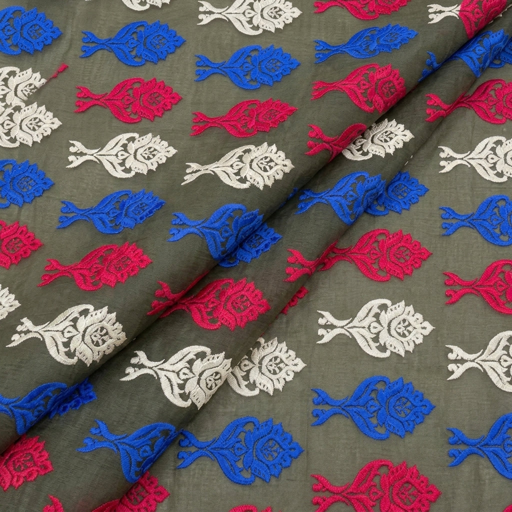 Folded Embroidery Dark Green Embroidery Cotton Fabric