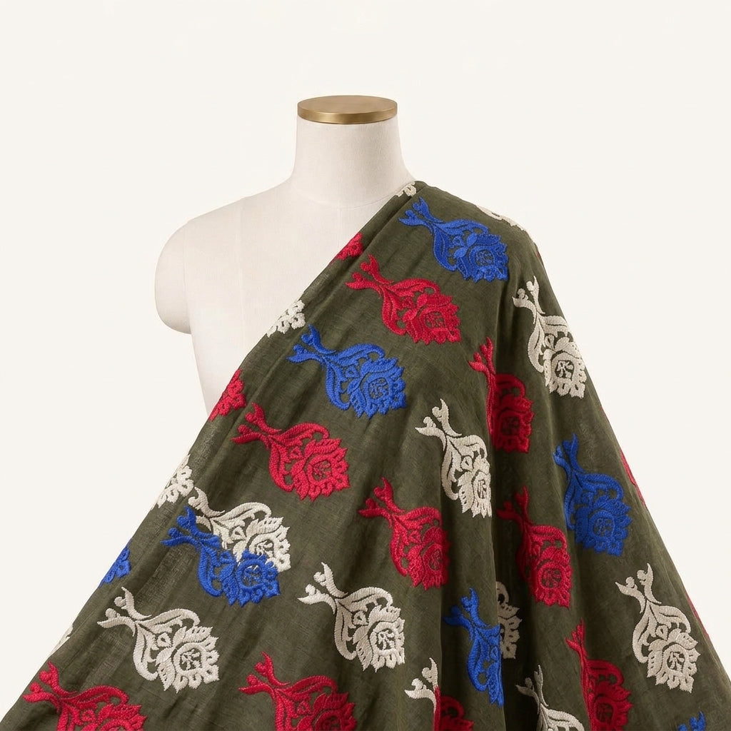Embroidery Dark Green Embroidery Cotton Fabric Draped as a saree