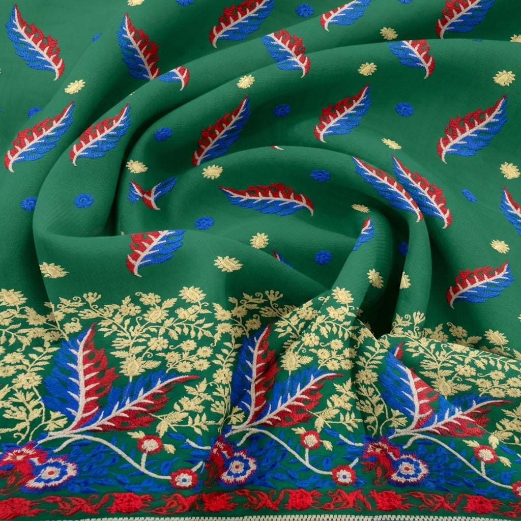 Swirled Embroidery Green Embroidery Cotton Fabric