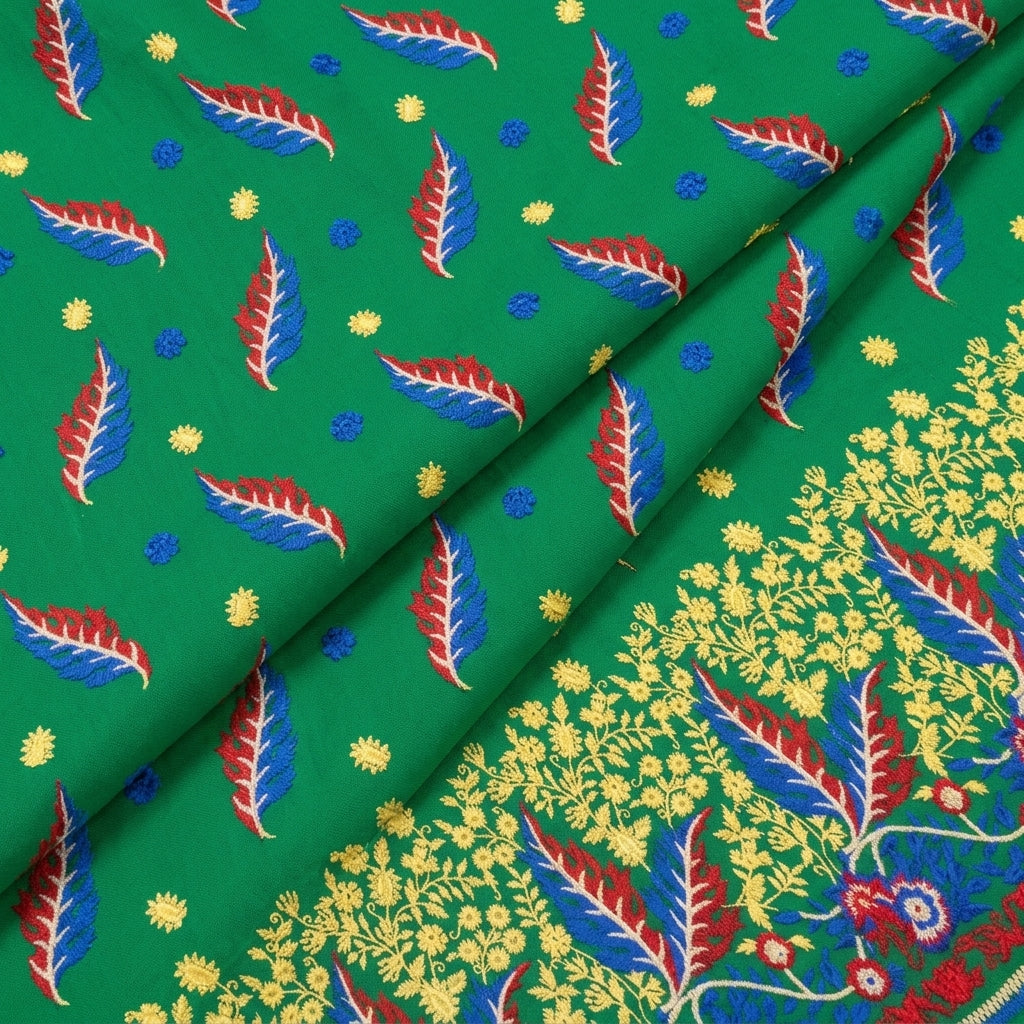 Folded Embroidery Green Embroidery Cotton Fabric