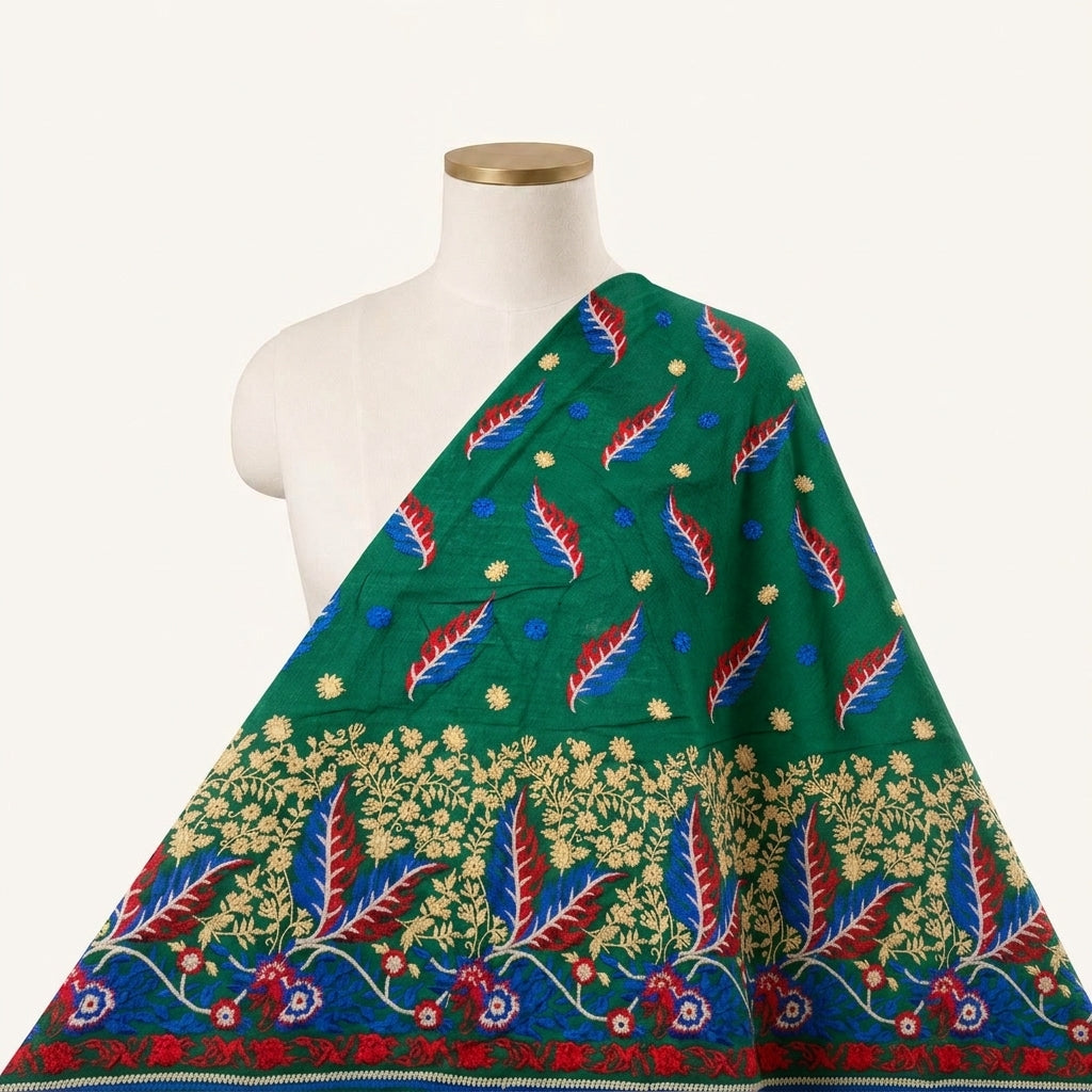 Embroidery Green Embroidery Cotton Fabric Draped as a saree