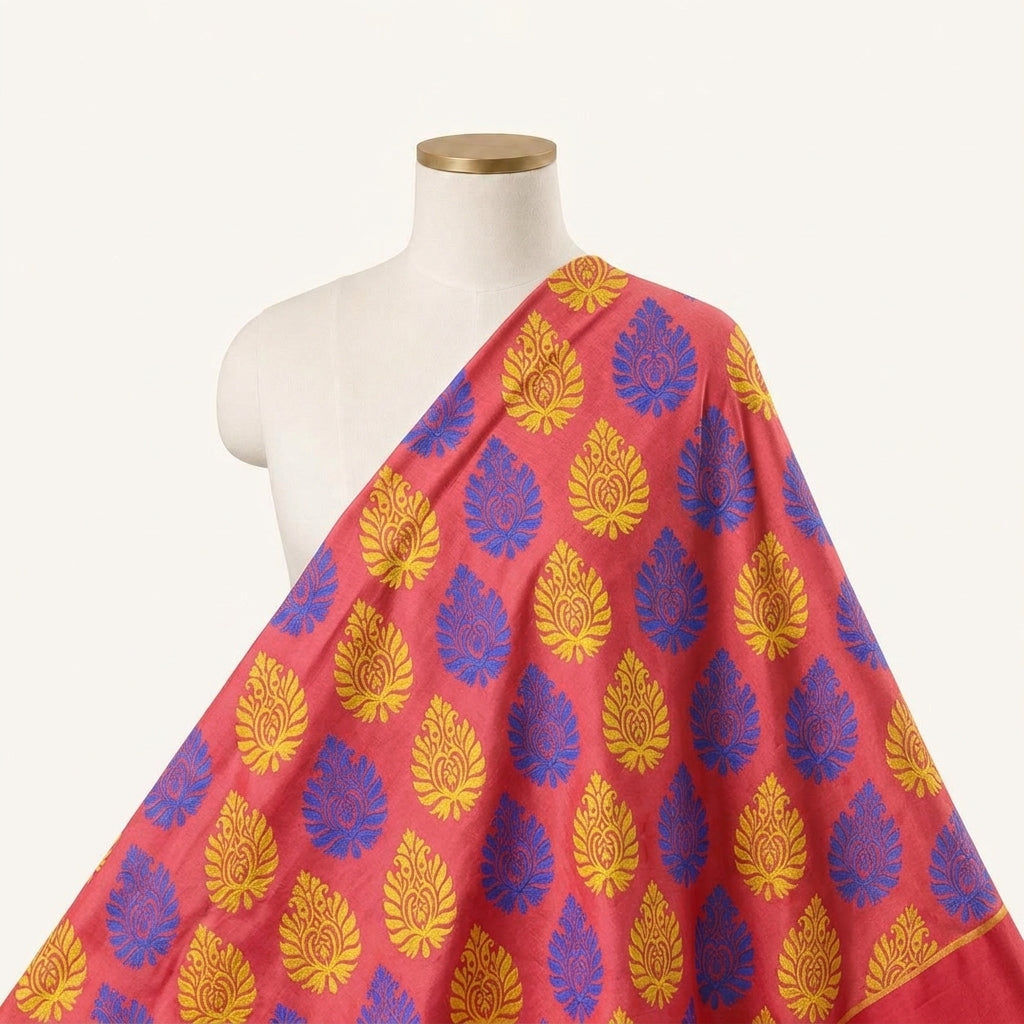 Embroidery Red Embroidery Cotton Fabric Draped as a saree
