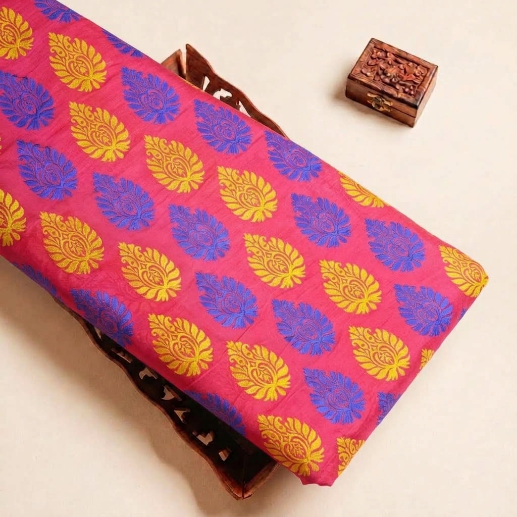 Folded Red Embroidery Cotton Fabric Highlighting Thread Work and Texture