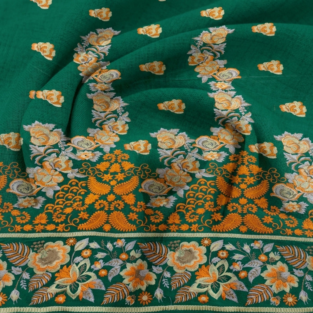 Swirled Embroidery Green Embroidery Cotton Fabric