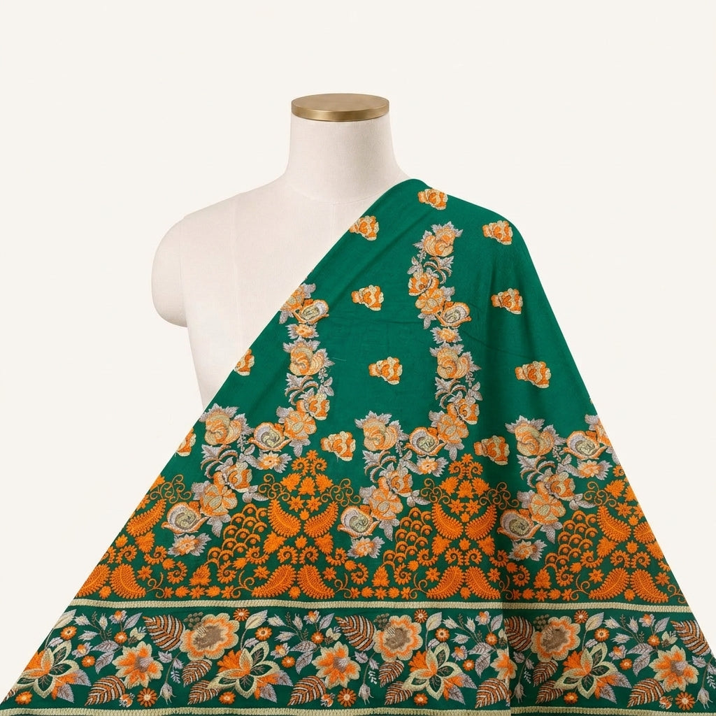 Embroidery Green Embroidery Cotton Fabric Draped as a saree