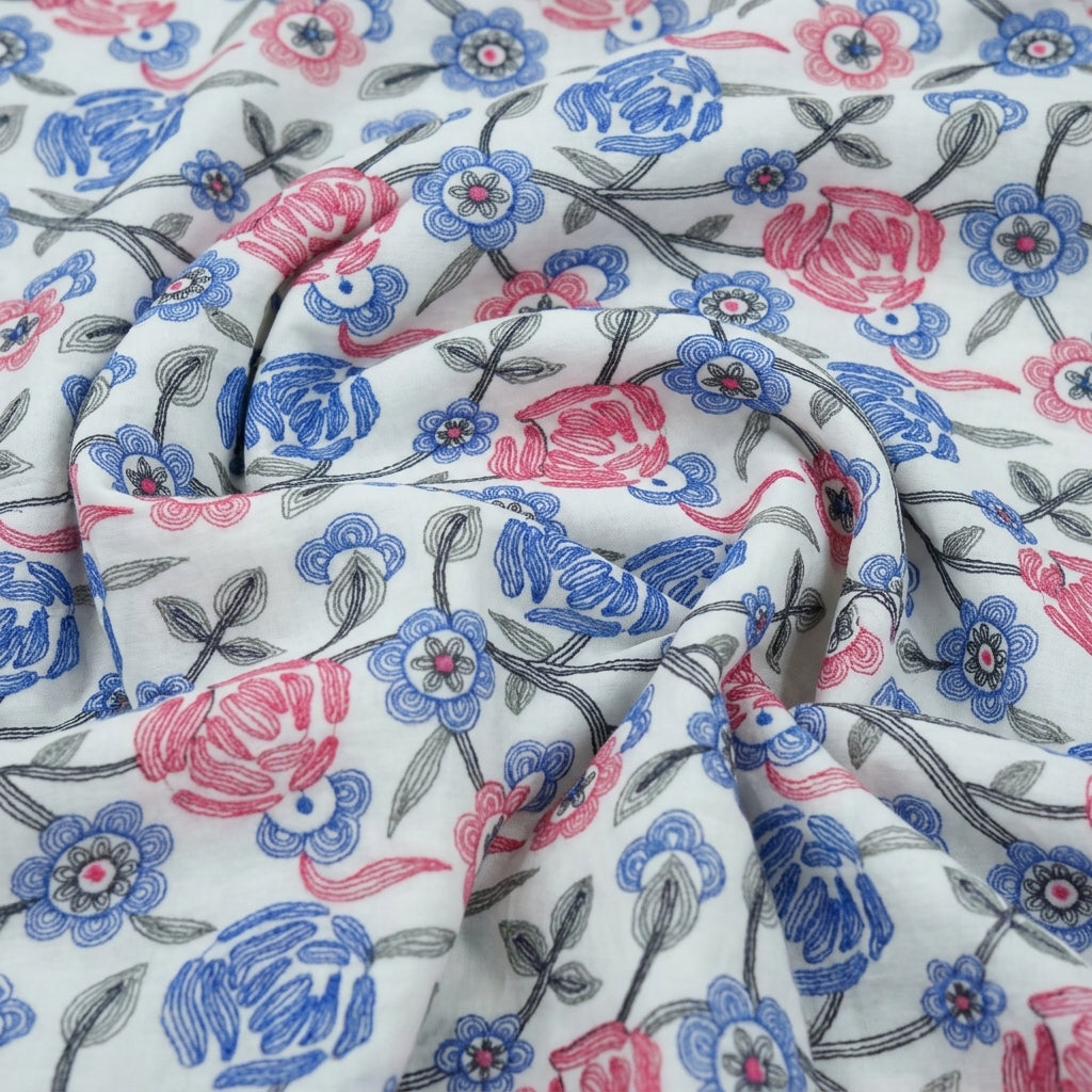 Swirled Embroidery Light Blue Embroidery Cotton Fabric
