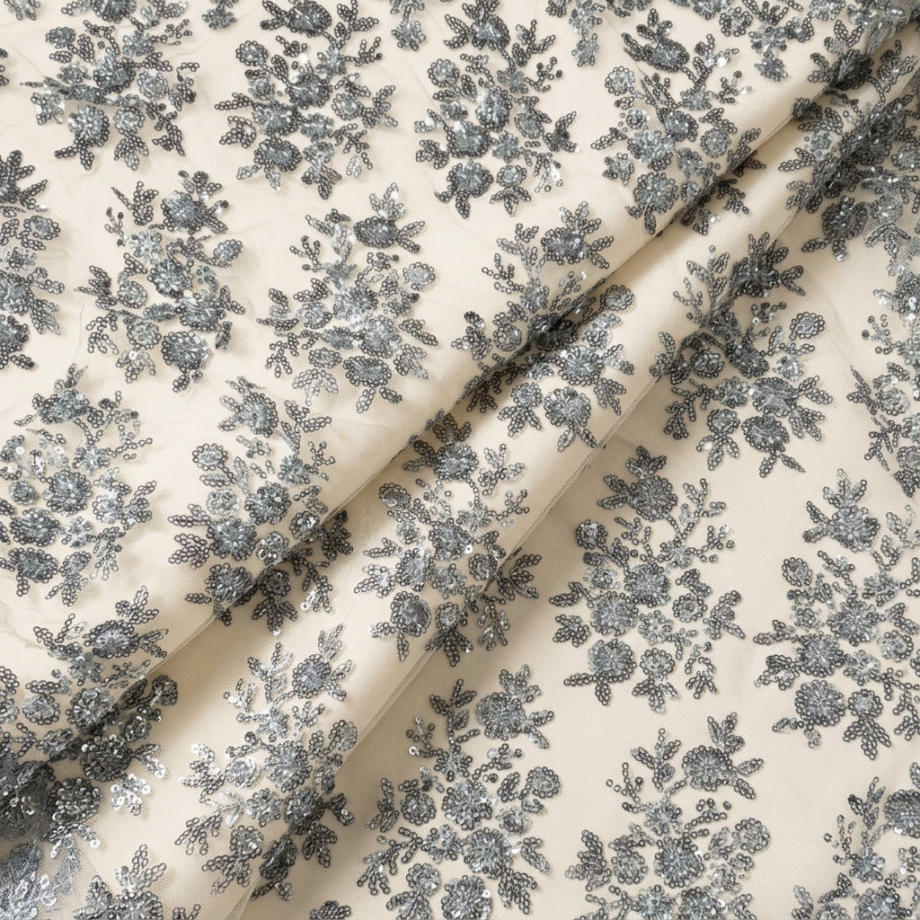Folded Embroidery Grey Blue Embroidery Net Fabric