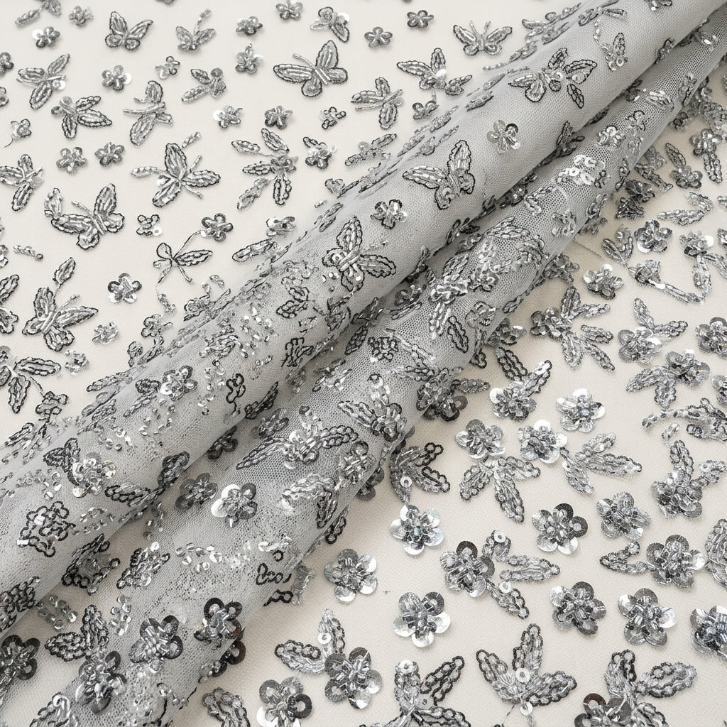 Folded Embroidery Grey Green Embroidery Net Fabric