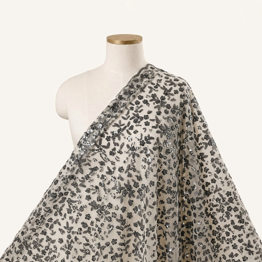 Embroidery Grey Green Embroidery Net Fabric Draped as a saree