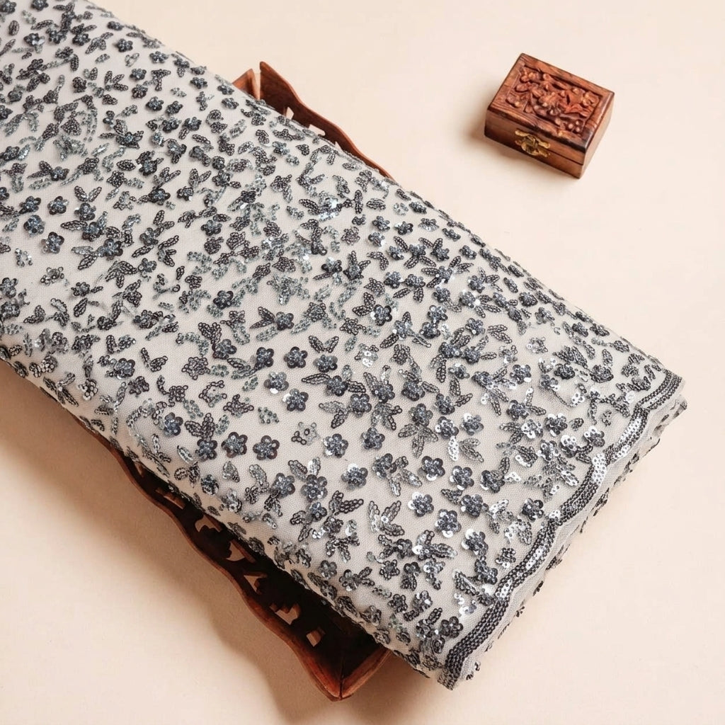 Folded Grey Green Embroidery Net Fabric Highlighting and Texture