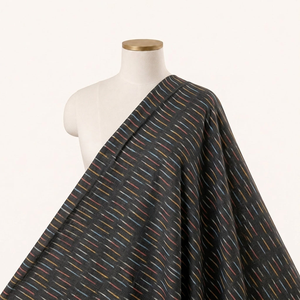 Ikat Black Ikat Cotton Fabric Draped as a saree