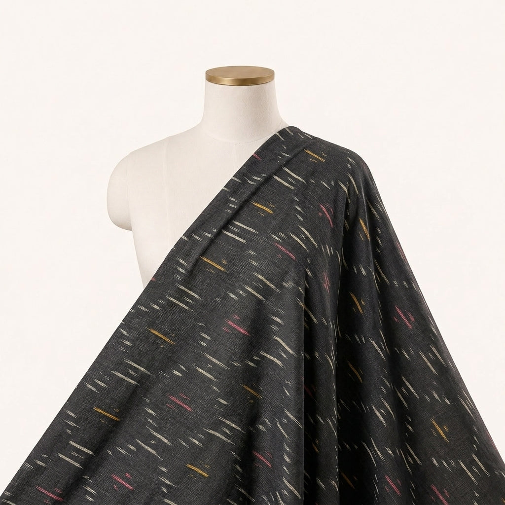 Ikat Black Ikat Cotton Fabric Draped as a saree