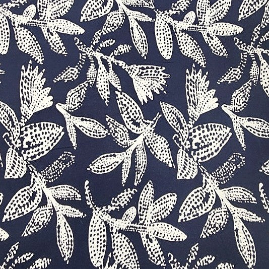 Navy Blue Foil Print Rayon Fabric, laid flat