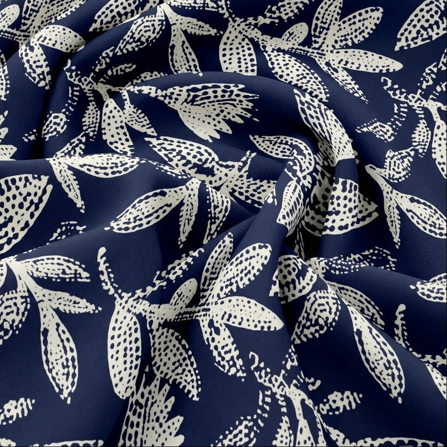 Swirled Navy Blue Foil Print Rayon Fabric Showing Drape