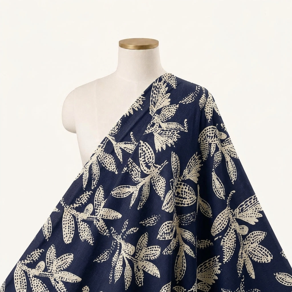 Navy Blue Foil Print Rayon Fabric Draped as a saree