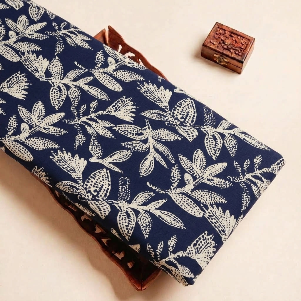 Folded Navy Blue Foil Print Rayon Fabric Highlighting Texture