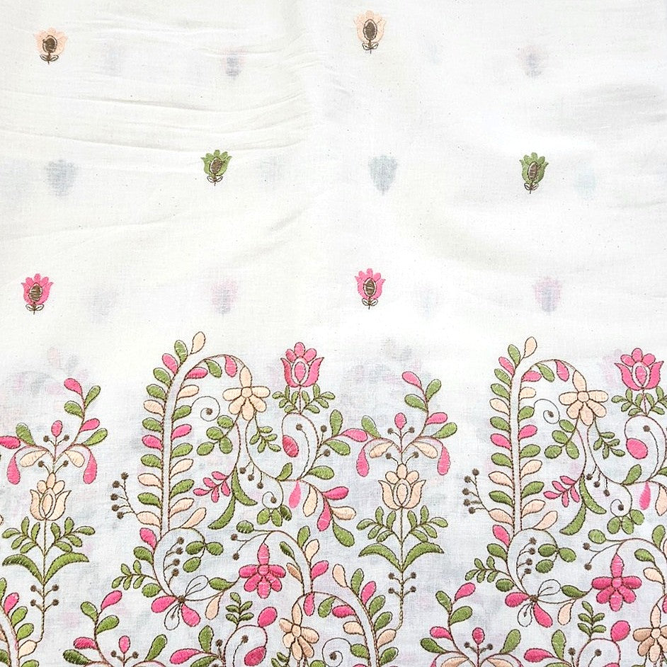 Cream Floral Embroidery Cotton Fabric - EC13033