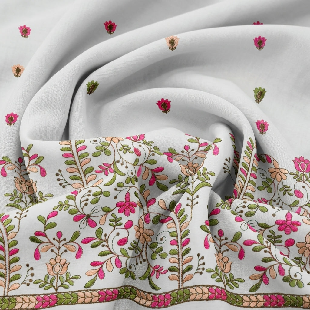 Cream Floral Embroidery Cotton Fabric - EC13033