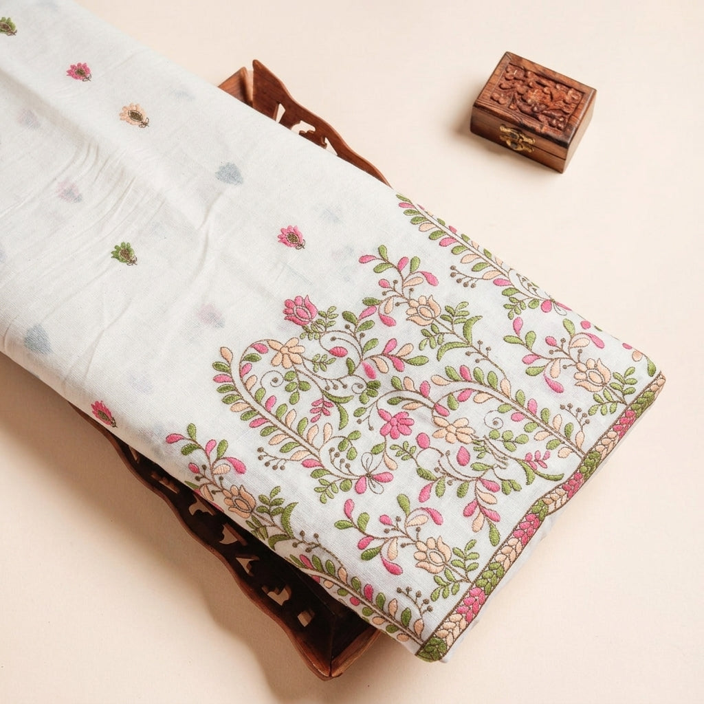 Cream Floral Embroidery Cotton Fabric - EC13033