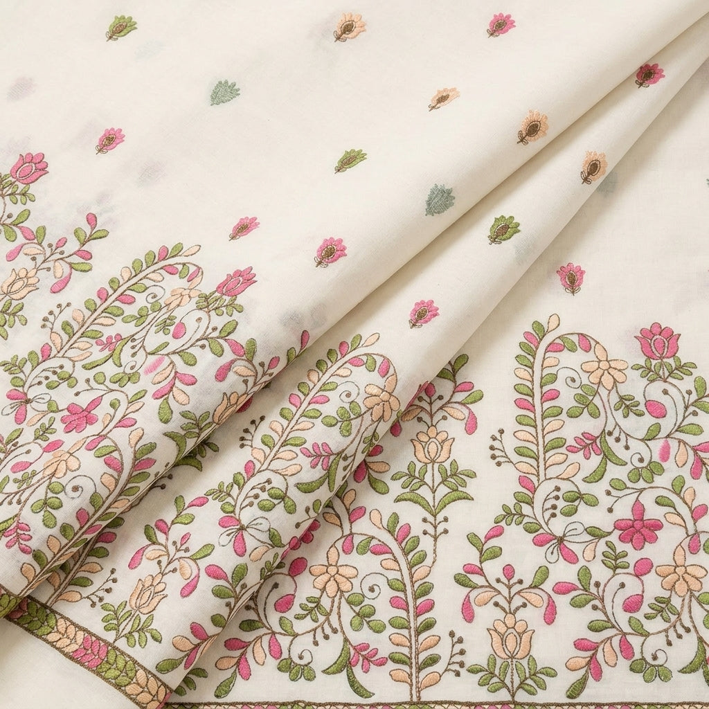 Cream Floral Embroidery Cotton Fabric - EC13033