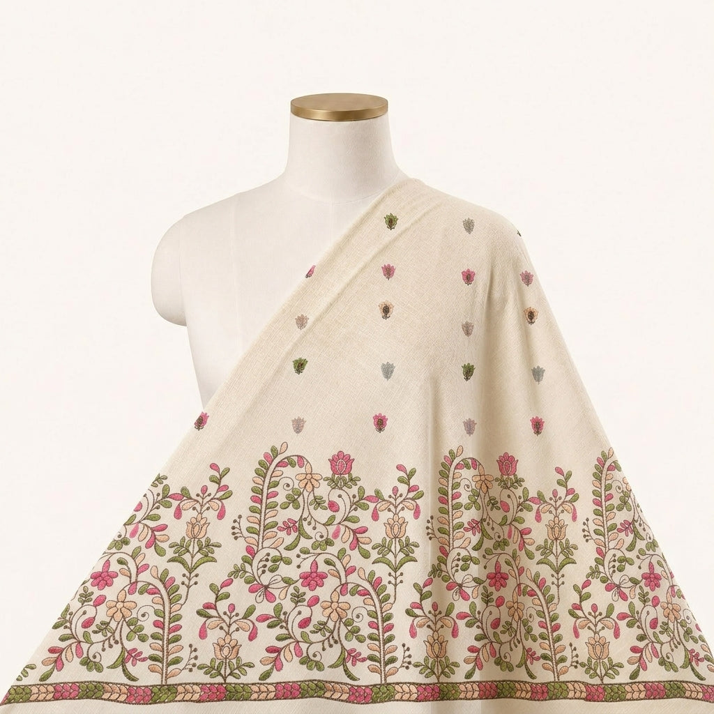 Cream Floral Embroidery Cotton Fabric - EC13033