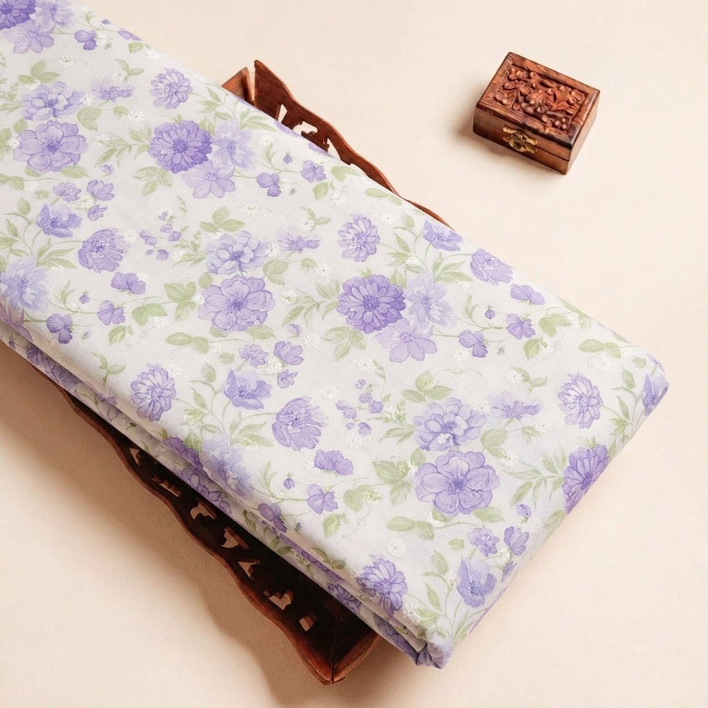 Folded Violet Embroidery Cotton Fabric Highlighting Thread Work Floral and Texture