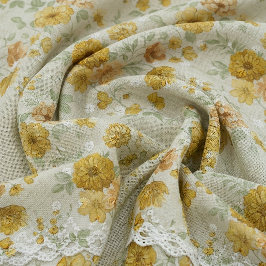 Swirled Embroidery Yellow Embroidery Cotton Fabric