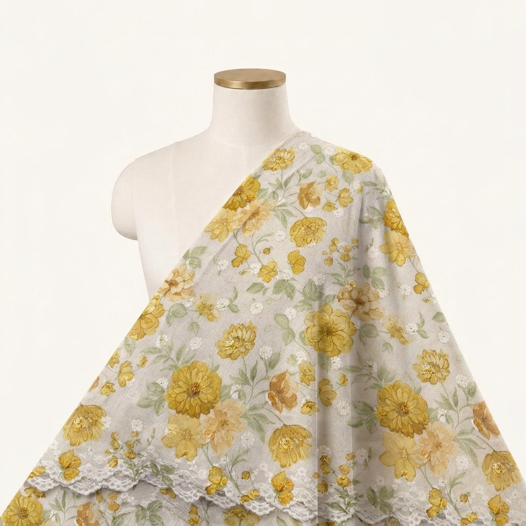 Embroidery Yellow Embroidery Cotton Fabric Draped as a saree