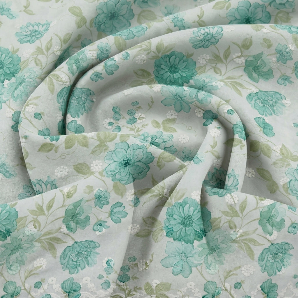 Swirled Embroidery Green Embroidery Cotton Fabric