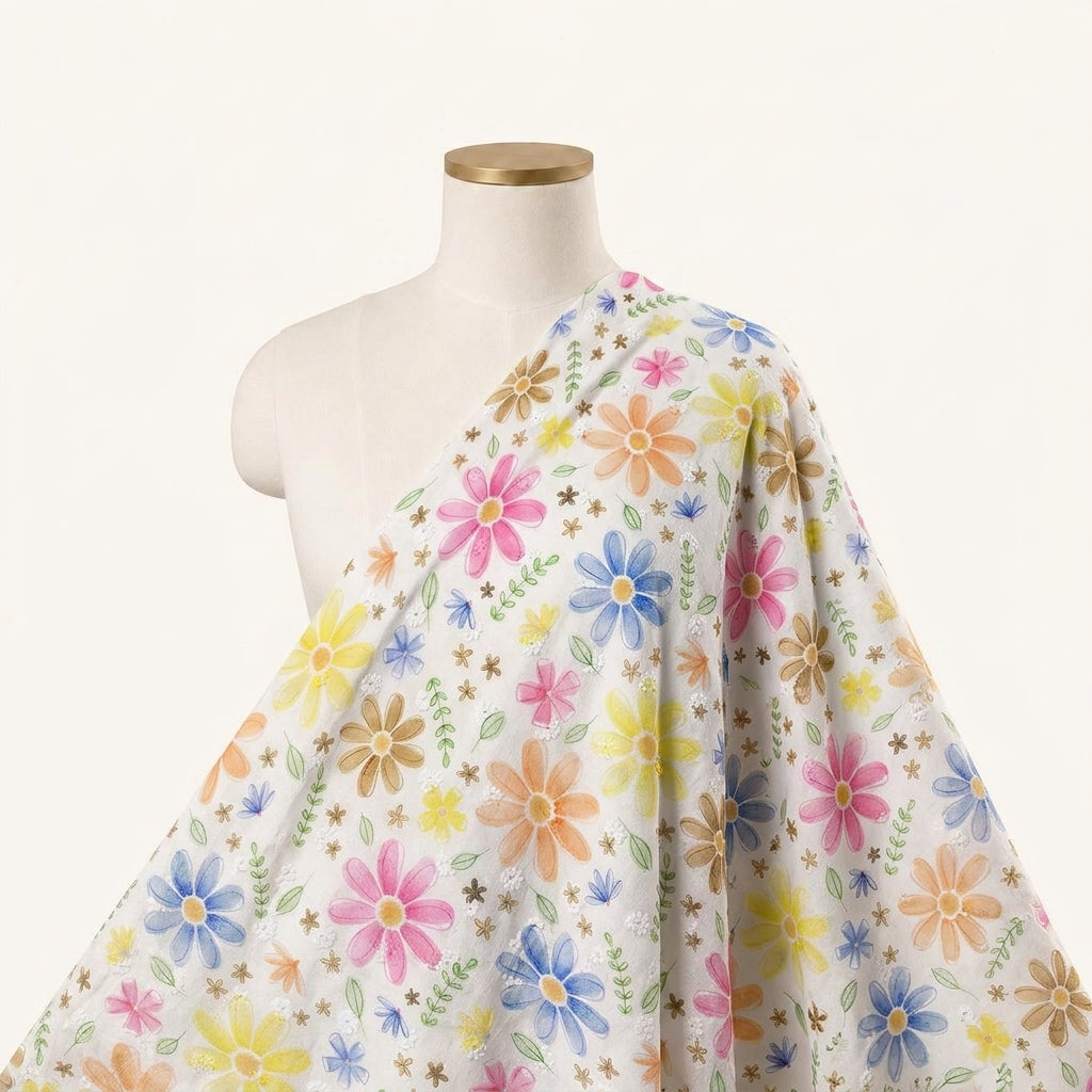 Embroidery Blue Embroidery Cotton Fabric Draped as a saree