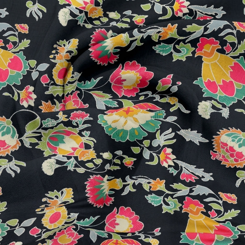 Black Floral Printed Crepe Fabric - EC13673
