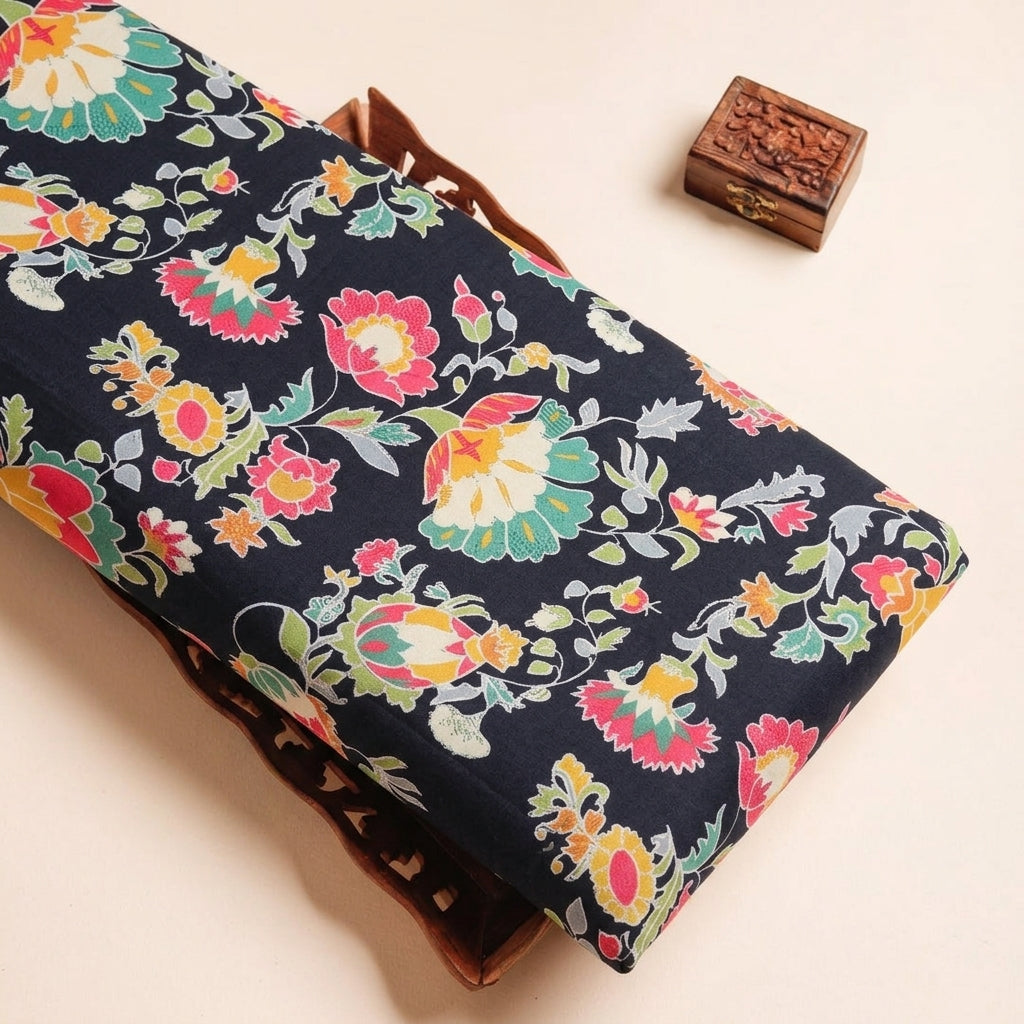 Black Floral Printed Crepe Fabric - EC13673