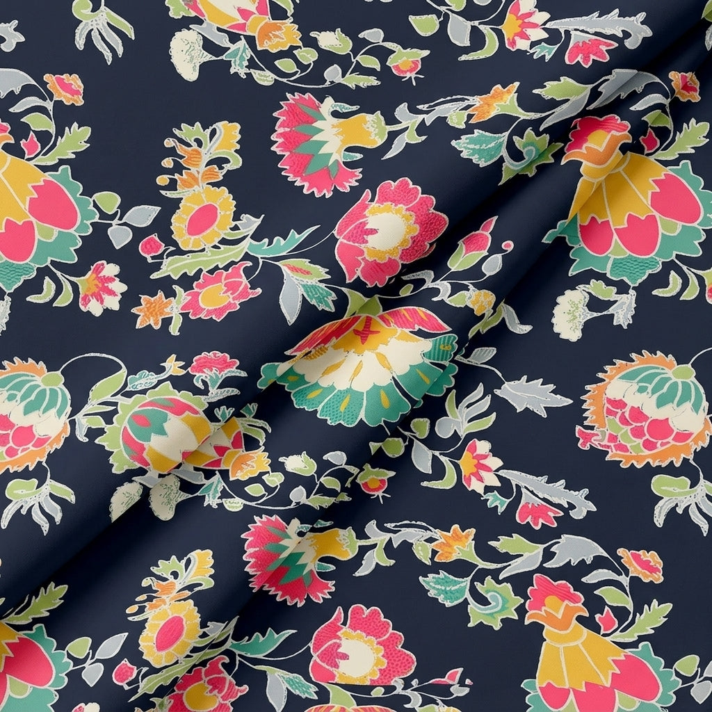 Black Floral Printed Crepe Fabric - EC13673
