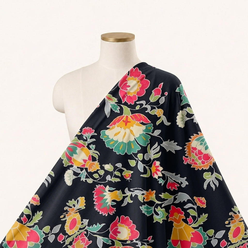 Black Floral Printed Crepe Fabric - EC13673