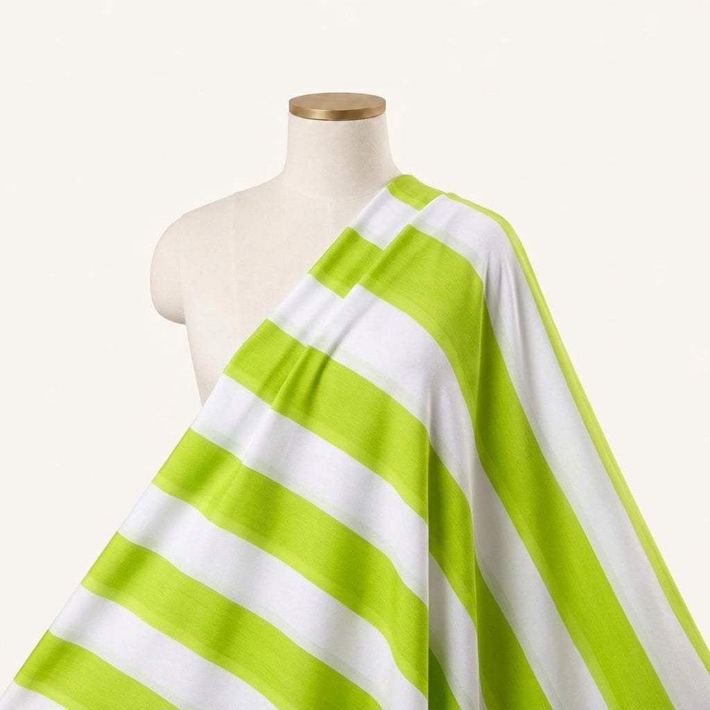 Stripes Green Stripes Satin Fabric Draped as a saree
