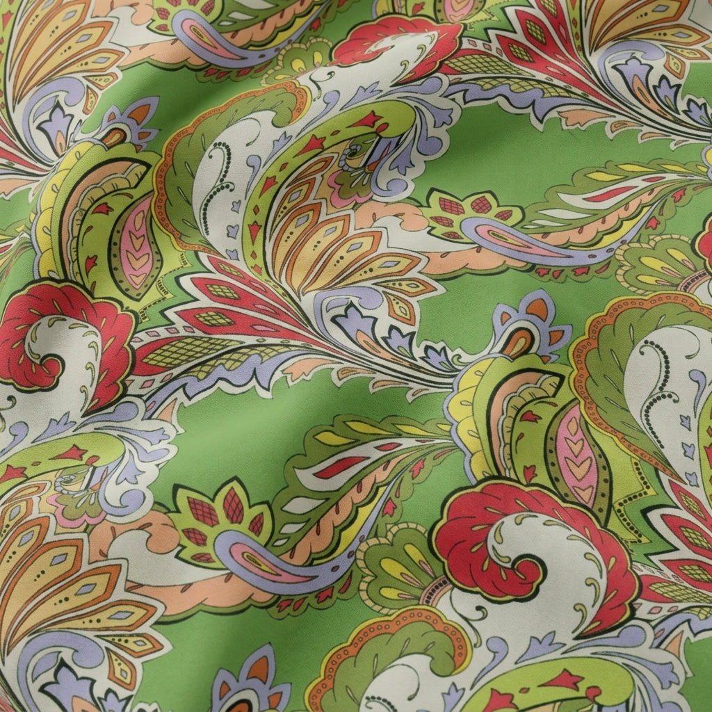 Swirled Paisley Green Paisley Satin Fabric