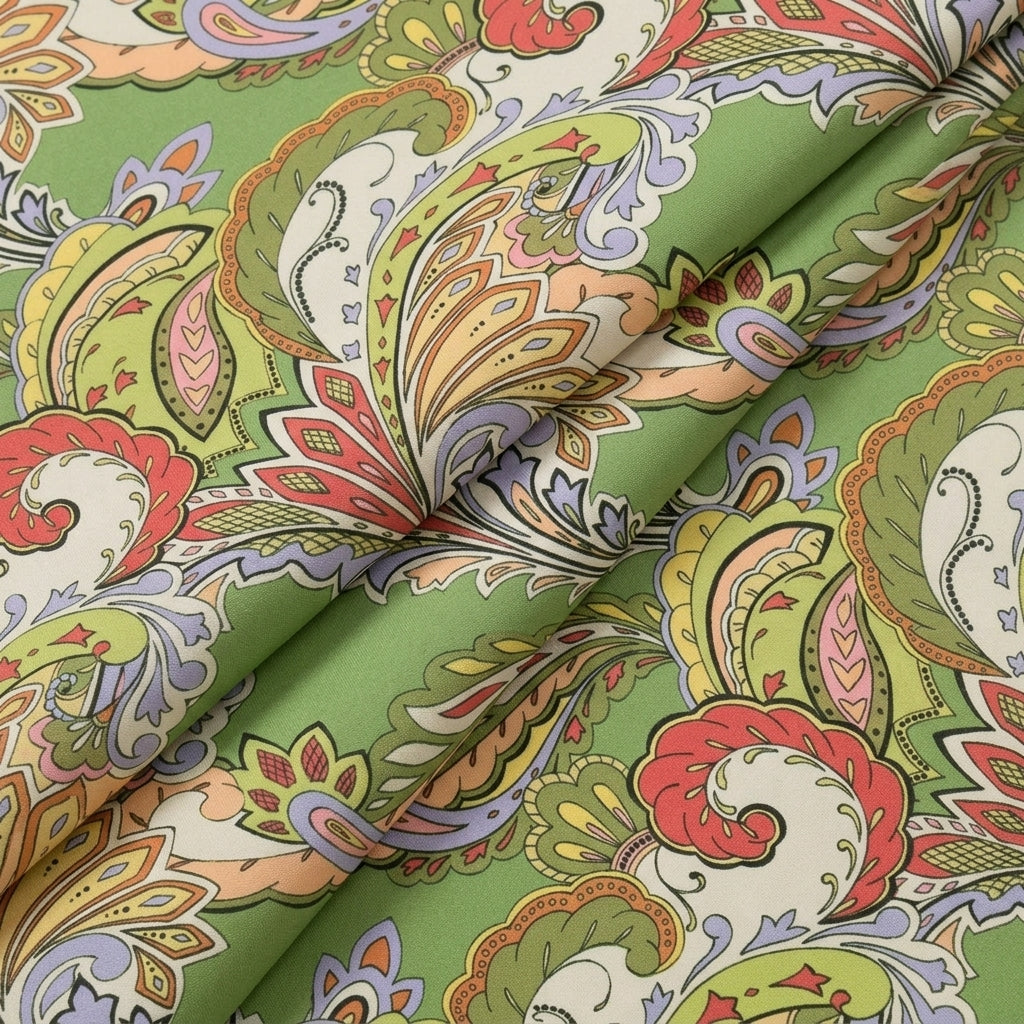 Folded Paisley Green Paisley Satin Fabric