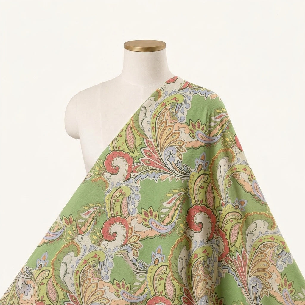 Paisley Green Paisley Satin Fabric Draped as a saree