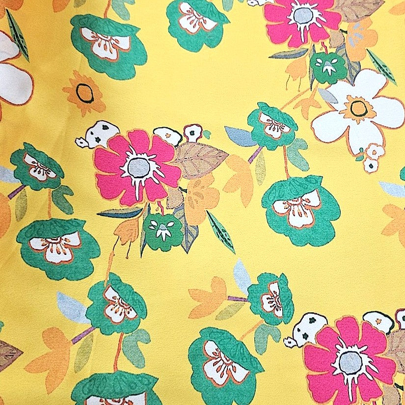 Yellow Floral Satin Fabric - EC13702 - EC13702 - Flat fabric