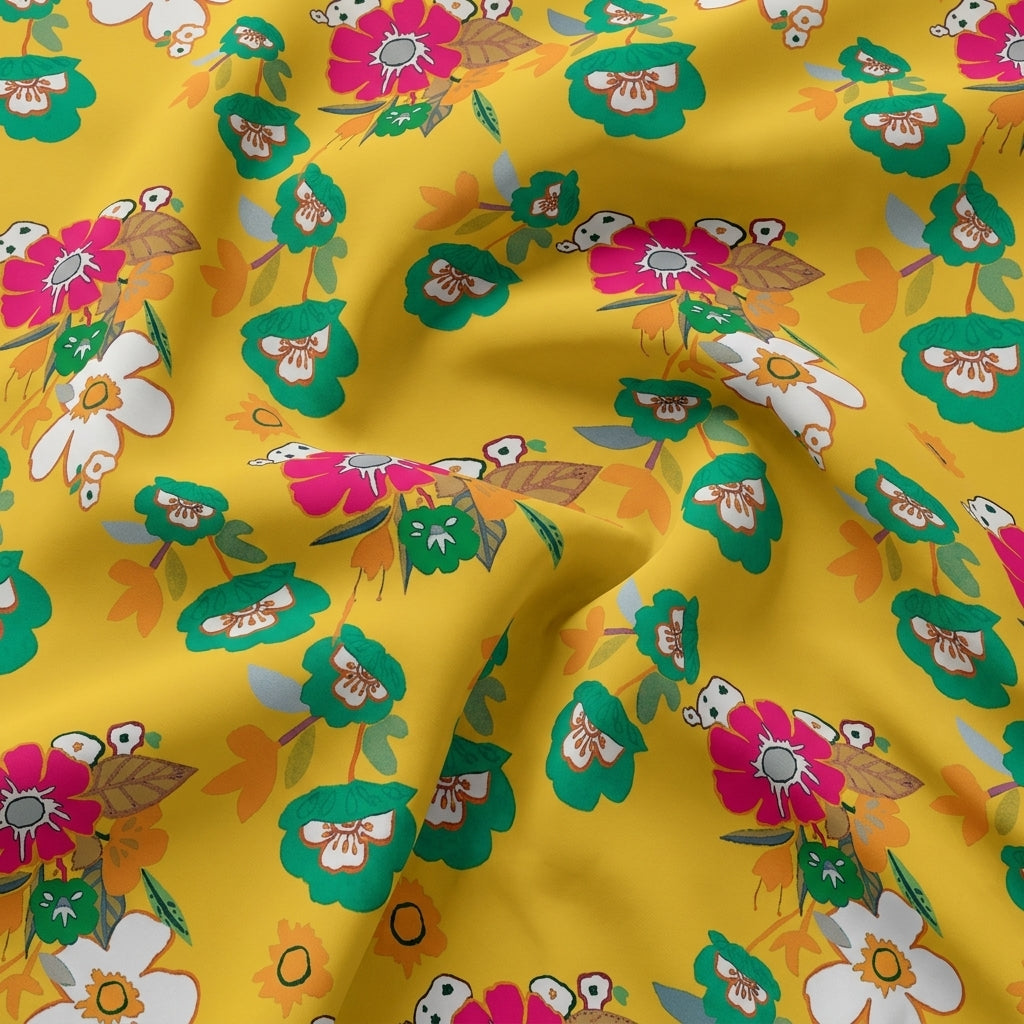 Swirled Floral Yellow Floral Satin Fabric