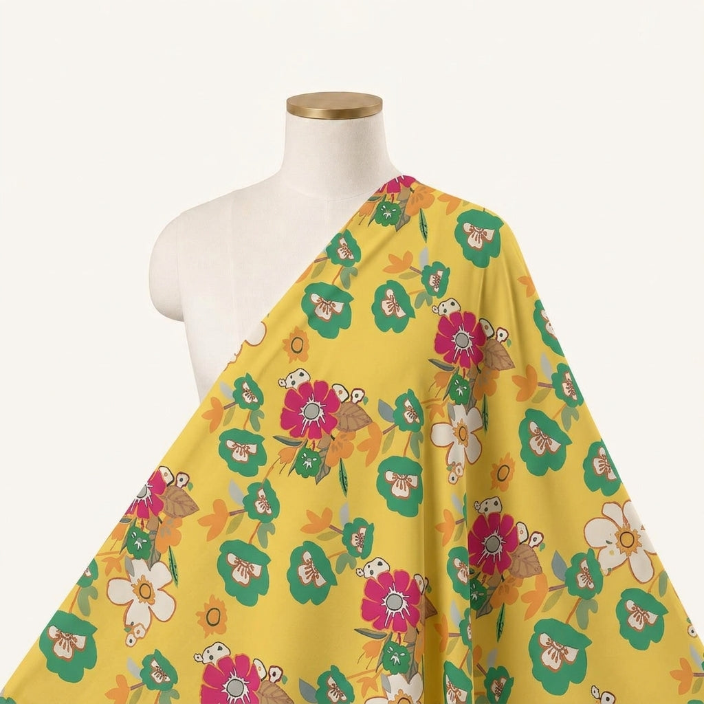 Floral Yellow Floral Satin Fabric Draped as a saree