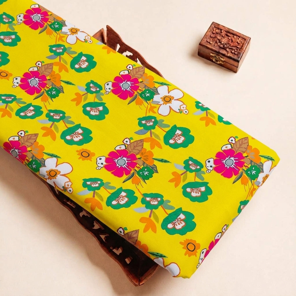 Folded Yellow Floral Satin Fabric Highlighting and Texture