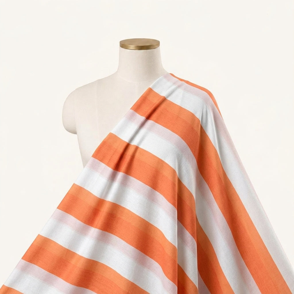 Stripes Orange Stripes Satin Fabric Draped as a saree