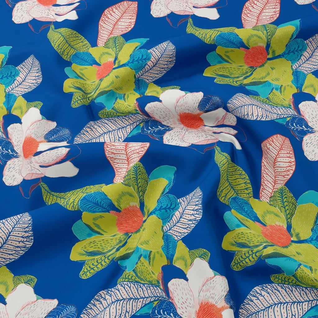 Swirled Floral Blue Floral Satin Fabric