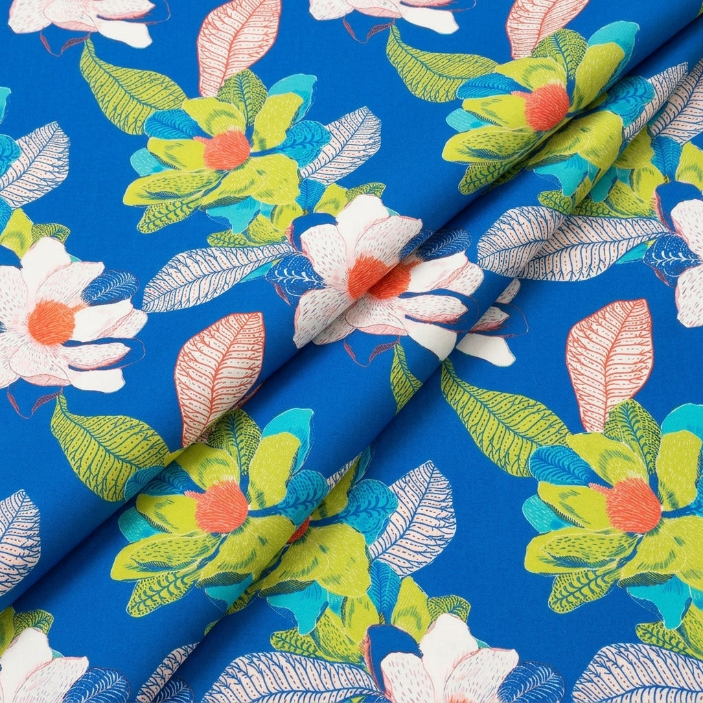Folded Floral Blue Floral Satin Fabric