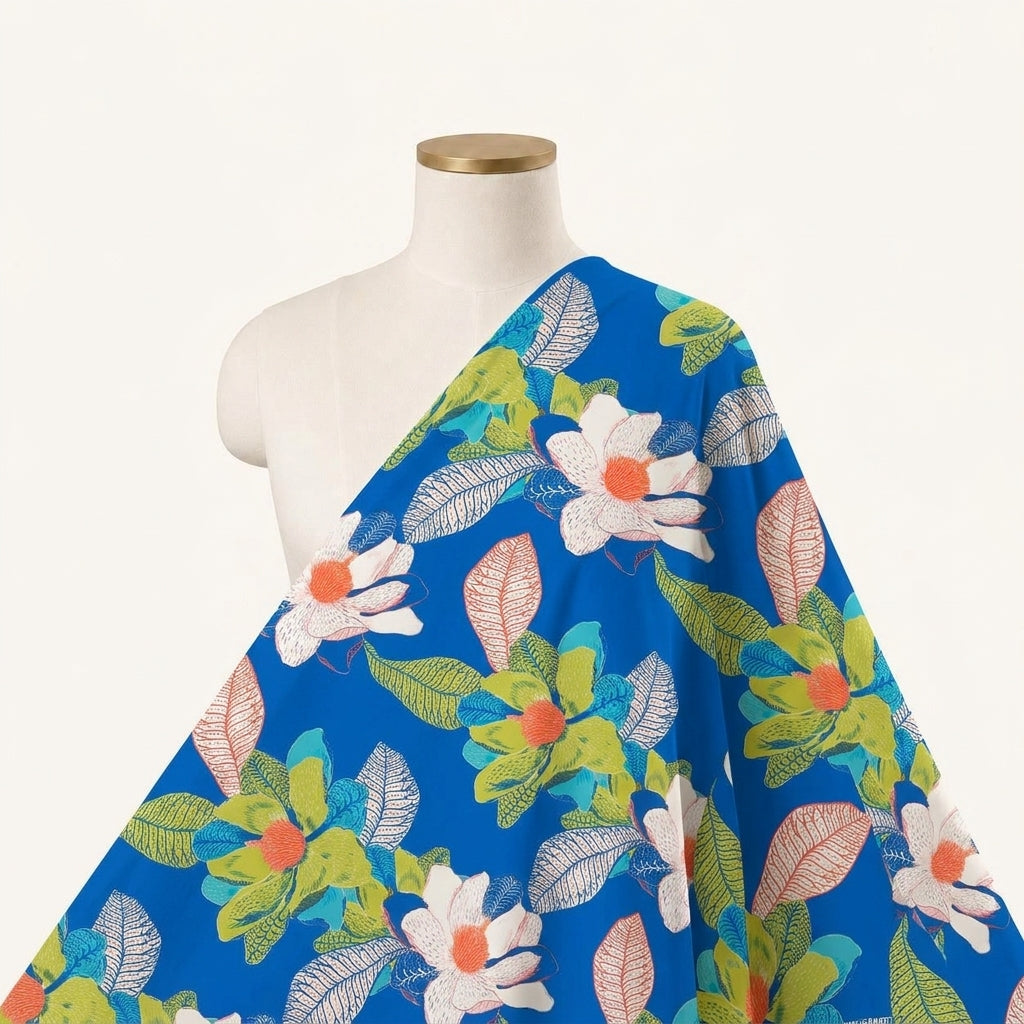 Floral Blue Floral Satin Fabric Draped as a saree