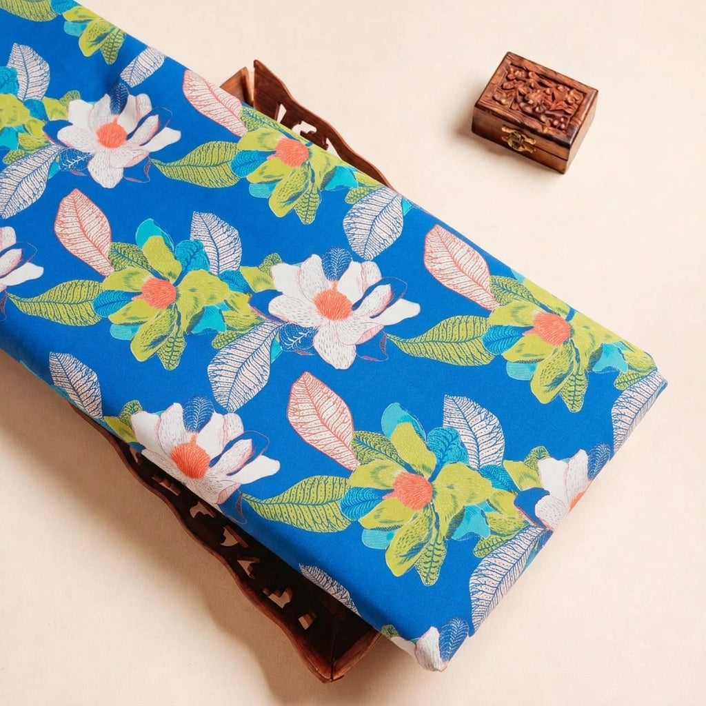 Folded Blue Floral Satin Fabric Highlighting and Texture